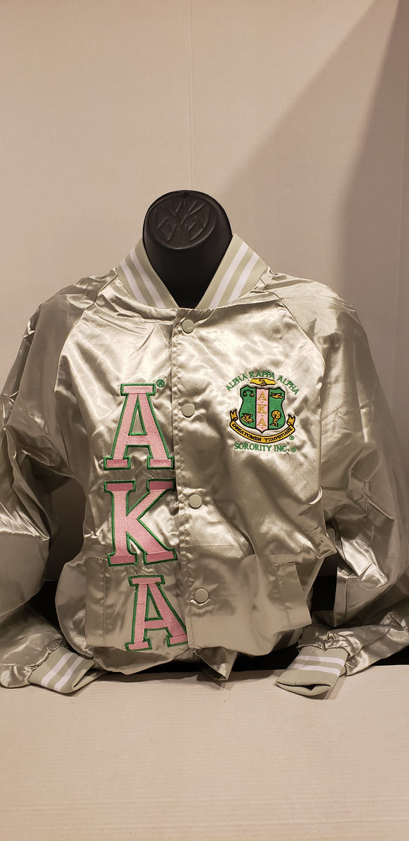 Alpha Kappa Alpha Bomber Satin Jacket Silver Pink KLASSY GREEK EMBLEMS