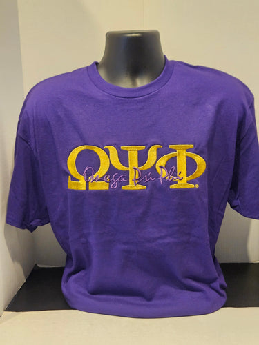 OMEGA PSI PHI PURPLE TEE(Script Embroidered Letters)