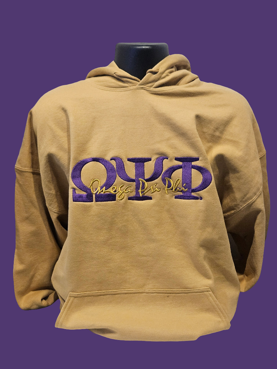 OMEGA PSI PHI OLD GOLD HOODIE(Script Embroidered Letters) – KLASSY ...