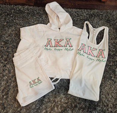 AKA Bold Drawstring Hoodie Short Set(White)