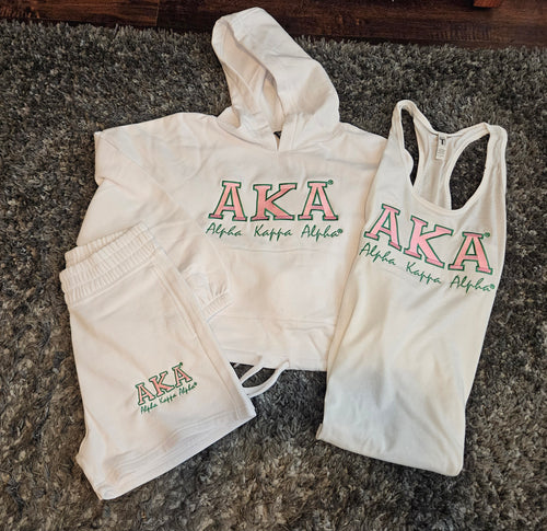 AKA Bold Drawstring Hoodie Short Set(White)