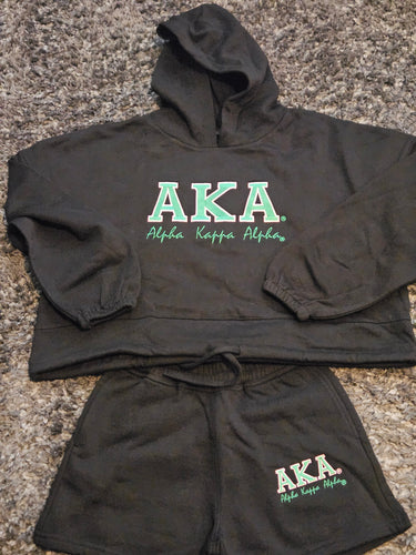 AKA Bold Drawstring Hoodie Short Set(Blk/Grn)