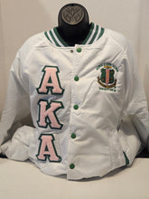 Alpha Kappa Alpha Bomber Satin Jacket - Chenille Unisex (White/Pink)