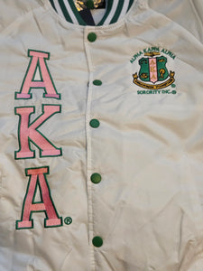 Alpha Kappa Alpha Bomber Satin Jacket(Chanille WHT/Pink)Unisex
